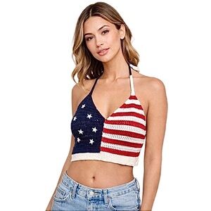 American Eagle USA Flag Crochet Knit Crop Top Patriotic Y2K Stars Stripes M
